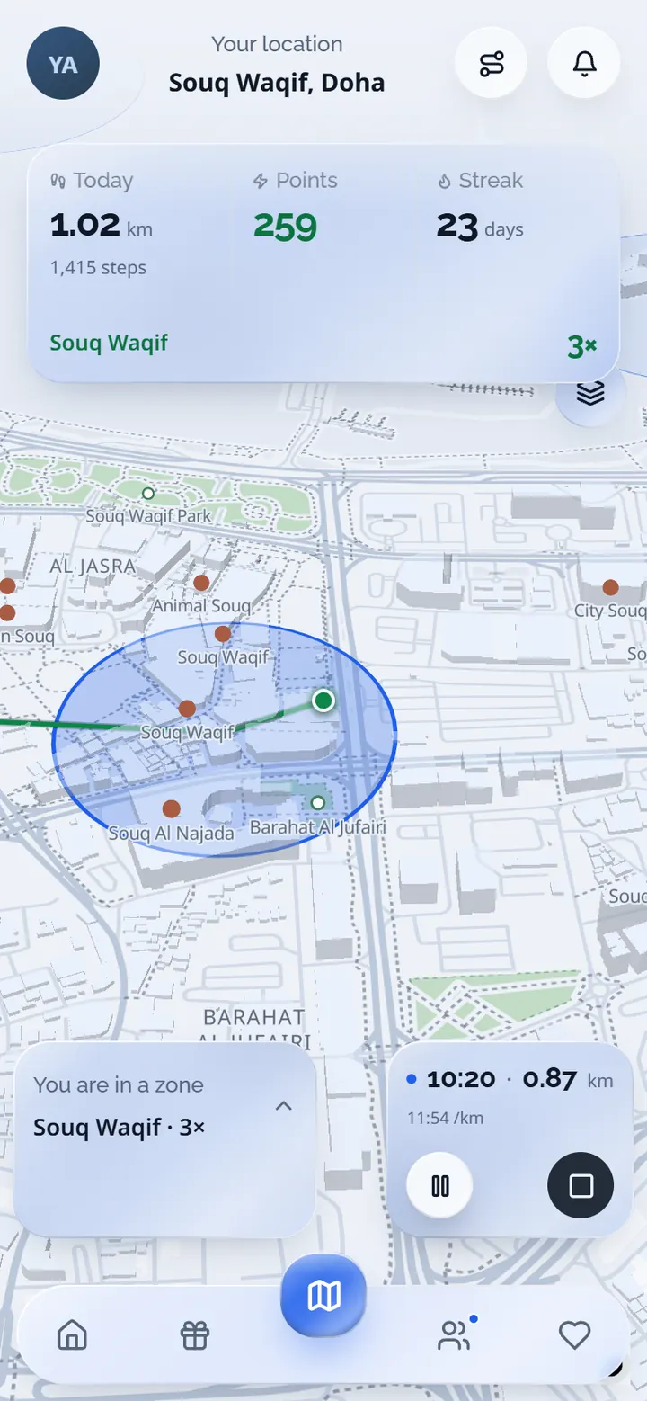 The Emshi app's map screen during a walk: the walker is inside the Souq Waqif booster zone at three times the points, 1.02 km and 259 points today, on a 23-day streak, with the walk so far traced in green.